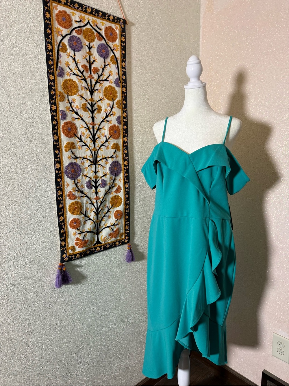 bebe Teal Cold-Shoulder Ruffle Midi Dress